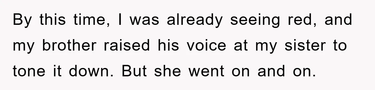 By this time, I was already seeing red, and my brother raised his voice at my sister to tone it down. But she went on and on.
