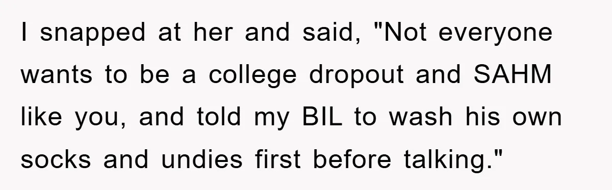 I snapped at her and said, "Not everyone wants to be a college dropout and SAHM like you, and told my BIL to wash his own socks and undies first...