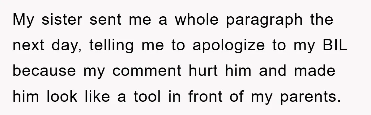 My sister sent me a whole paragraph the next day, telling me to apologize to my BIL because my comment hurt him and made him look like a tool in...
