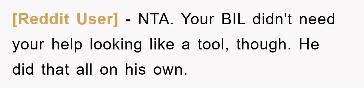 [Reddit User] − NTA. Your BIL didn't need your help looking like a tool, though. He did that all on his own.