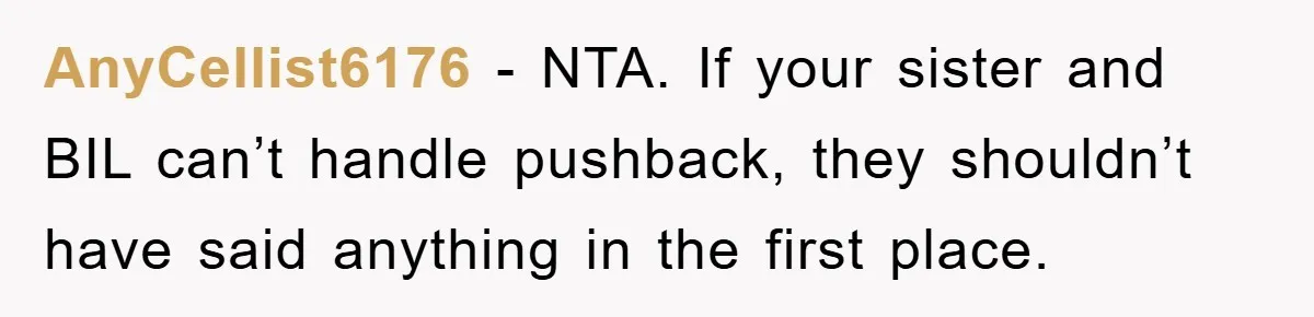 AnyCellist6176 − NTA. If your sister and BIL can’t handle pushback, they shouldn’t have said anything in the first place.