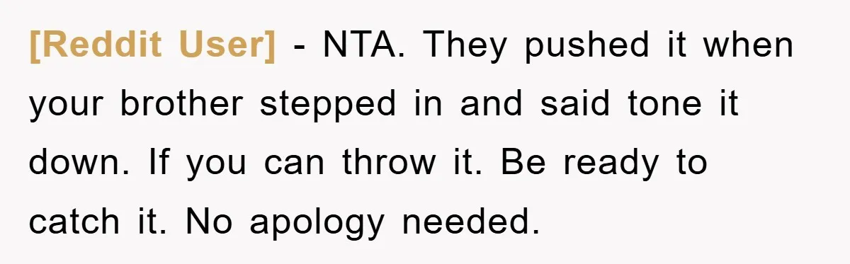 [Reddit User] − NTA. They pushed it when your brother stepped in and said tone it down. If you can throw it. Be ready to catch it. No apology needed.