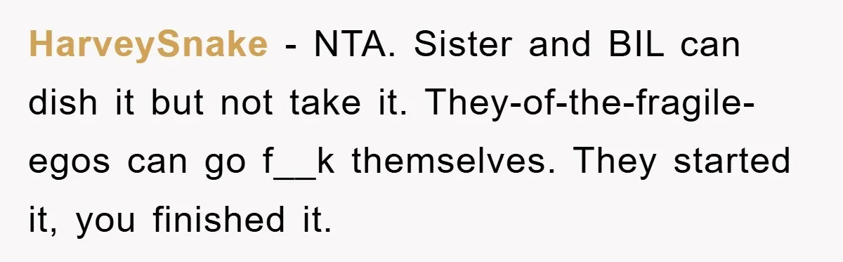 HarveySnake − NTA. Sister and BIL can dish it but not take it. They-of-the-fragile-egos can go f__k themselves. They started it, you finished it.