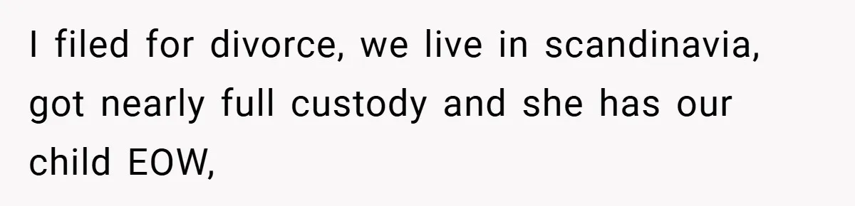 I filed for divorce, we live in scandinavia, got nearly full custody and she has our child EOW,