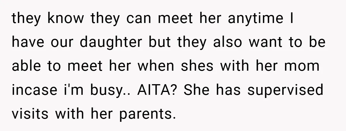 they know they can meet her anytime I have our daughter but they also want to be able to meet her when shes with her mom incase i'm busy.. AITA?...