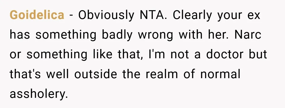 Goidelica − Obviously NTA. Clearly your ex has something badly wrong with her. Narc or something like that, I'm not a doctor but that's well outside the realm of normal...
