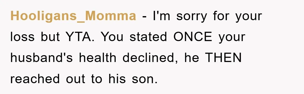 Hooligans_Momma − I'm sorry for your loss but YTA. You stated ONCE your husband's health declined, he THEN reached out to his son.
