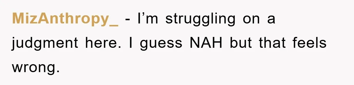 MizAnthropy_ − I’m struggling on a judgment here. I guess NAH but that feels wrong.