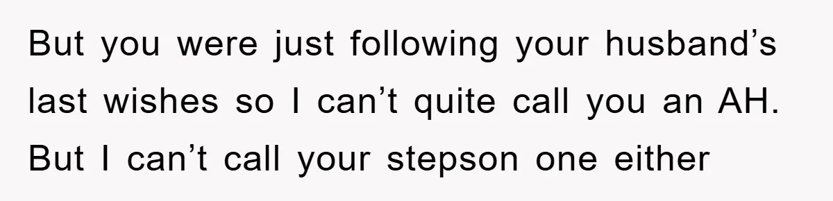 But you were just following your husband’s last wishes so I can’t quite call you an AH. But I can’t call your stepson one either