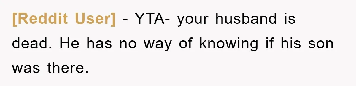 [Reddit User] − YTA- your husband is dead. He has no way of knowing if his son was there.