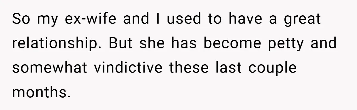 So my ex-wife and I used to have a great relationship. But she has become petty and somewhat vindictive these last couple months.