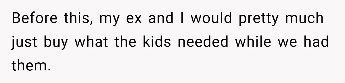 Before this, my ex and I would pretty much just buy what the kids needed while we had them.