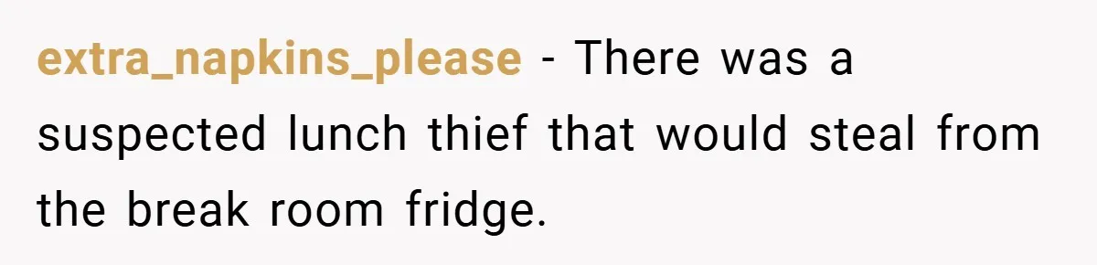 extra_napkins_please − There was a suspected lunch thief that would steal from the break room fridge.