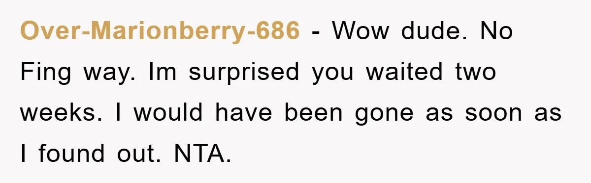 Over-Marionberry-686 − Wow dude. No Fing way. Im surprised you waited two weeks. I would have been gone as soon as I found out. NTA.
