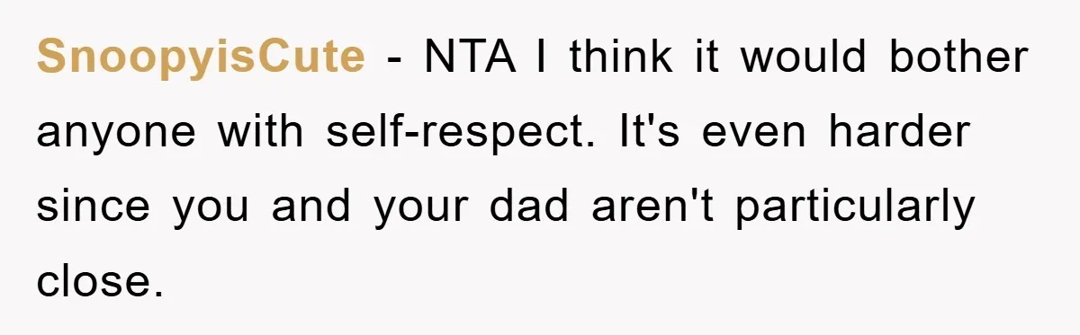 SnoopyisCute − NTA I think it would bother anyone with self-respect. It's even harder since you and your dad aren't particularly close.