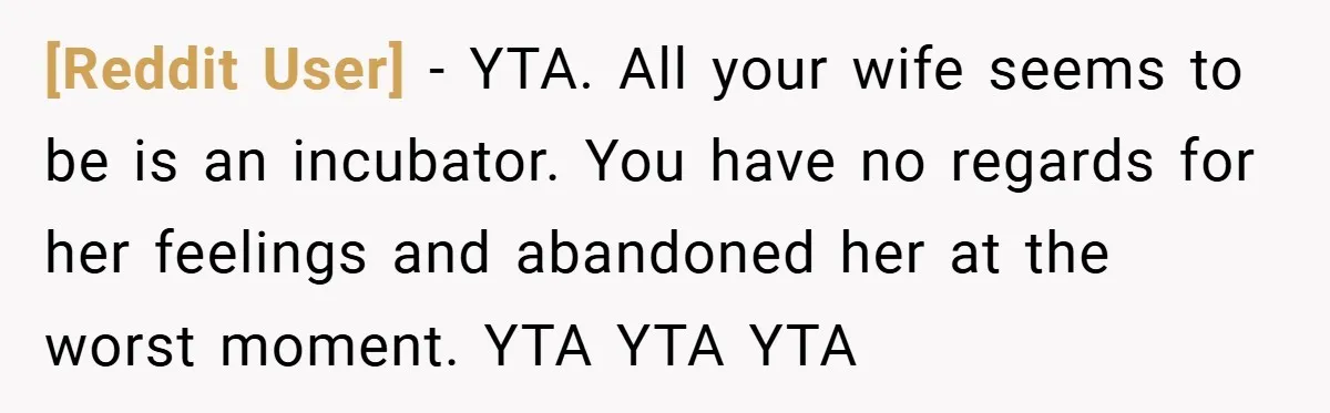 [Reddit User] − YTA. All your wife seems to be is an incubator. You have no regards for her feelings and abandoned her at the worst moment. YTA YTA YTA