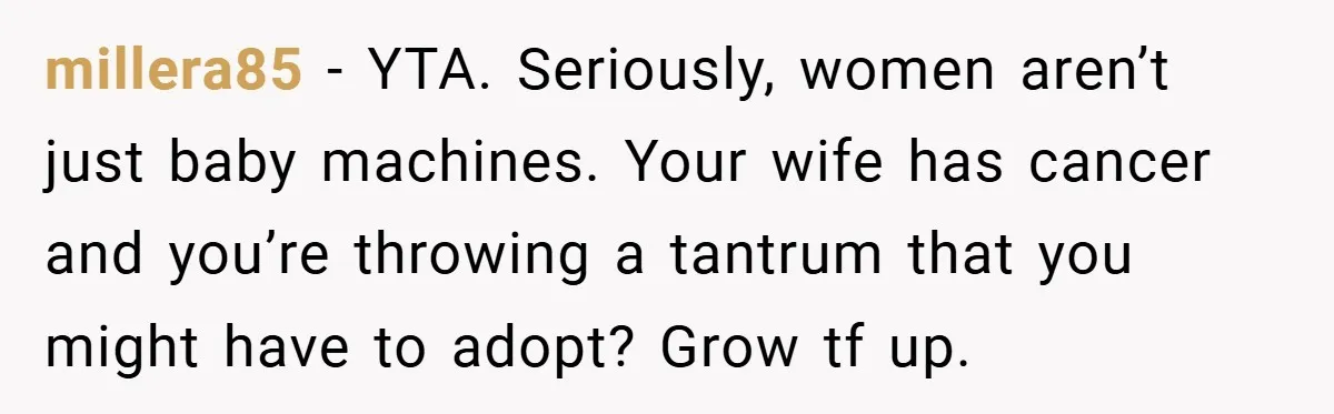 millera85 − YTA. Seriously, women aren’t just baby machines. Your wife has cancer and you’re throwing a tantrum that you might have to adopt? Grow tf up.