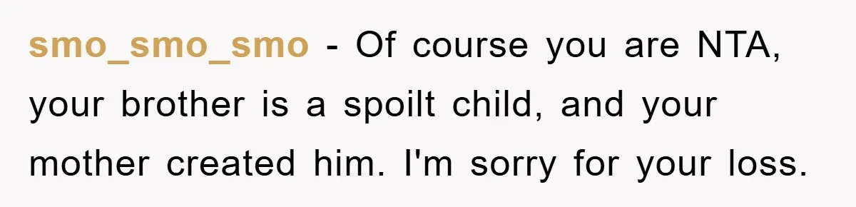 smo_smo_smo − Of course you are NTA, your brother is a spoilt child, and your mother created him. I'm sorry for your loss.