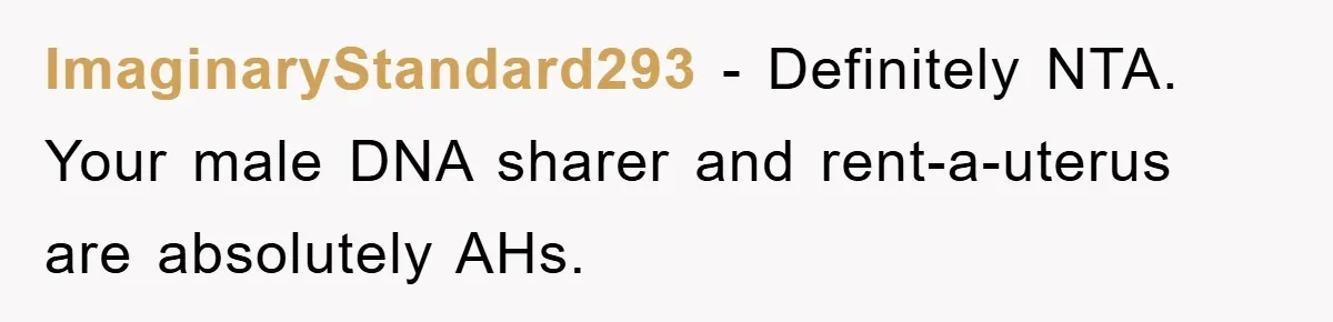 ImaginaryStandard293 − Definitely NTA. Your male DNA sharer and rent-a-uterus are absolutely AHs.