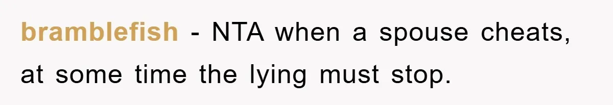 bramblefish − NTA when a spouse cheats, at some time the lying must stop.