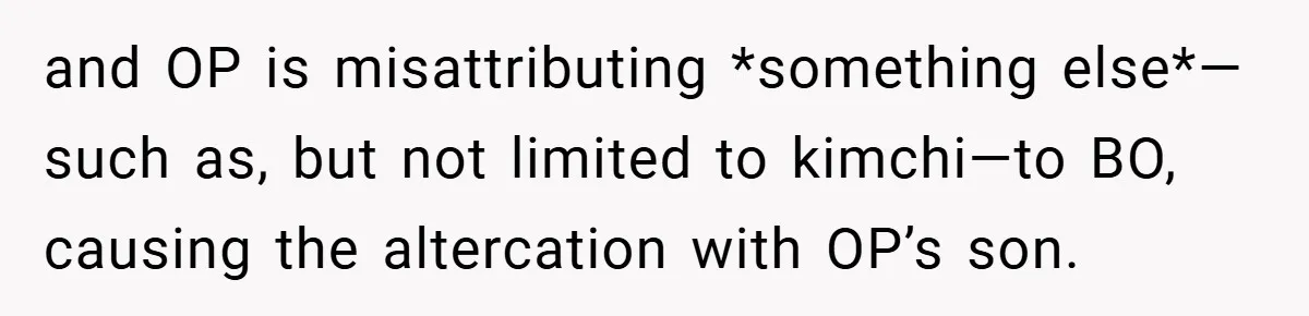 and OP is misattributing *something else*—such as, but not limited to kimchi—to BO, causing the altercation with OP’s son.