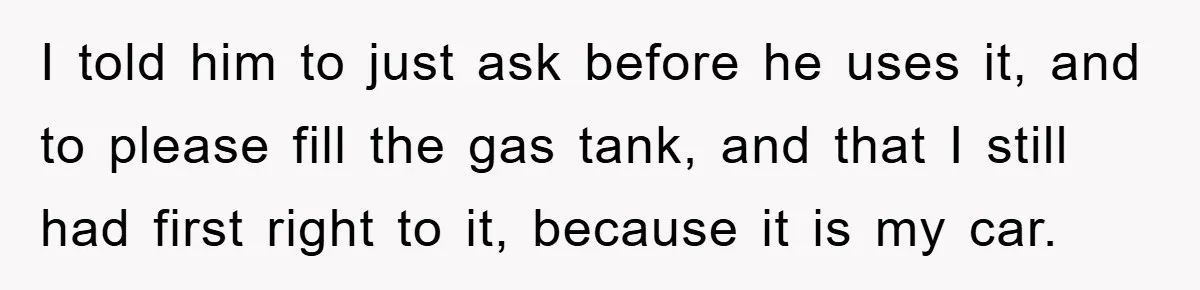 Brother Takes Car Without Permission, Sister Threatens To Play Her Final Card With The Authority Involved I told him to just ask before he uses it, and to please fill the gas tank, and that I still had first right to it, because it is my...