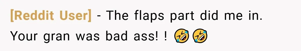 [Reddit User] − The flaps part did me in. Your gran was bad ass! ! 🤣🤣