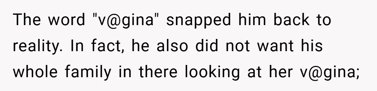 The word "v@gina" snapped him back to reality. In fact, he also did not want his whole family in there looking at her v@gina;