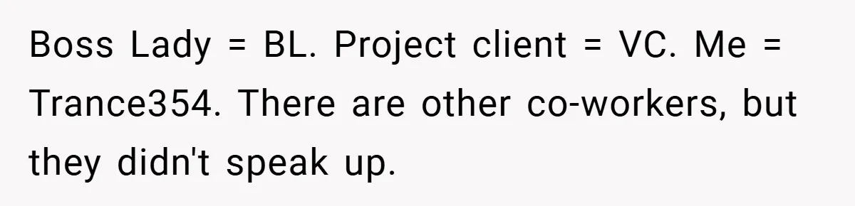 Boss Told Him “Don’t Come In Tomorrow, You’re Suspended” - Then Lost Her Job a Week Later Boss Lady = BL. Project client = VC. Me = Trance354. There are other co-workers, but they didn't speak up.