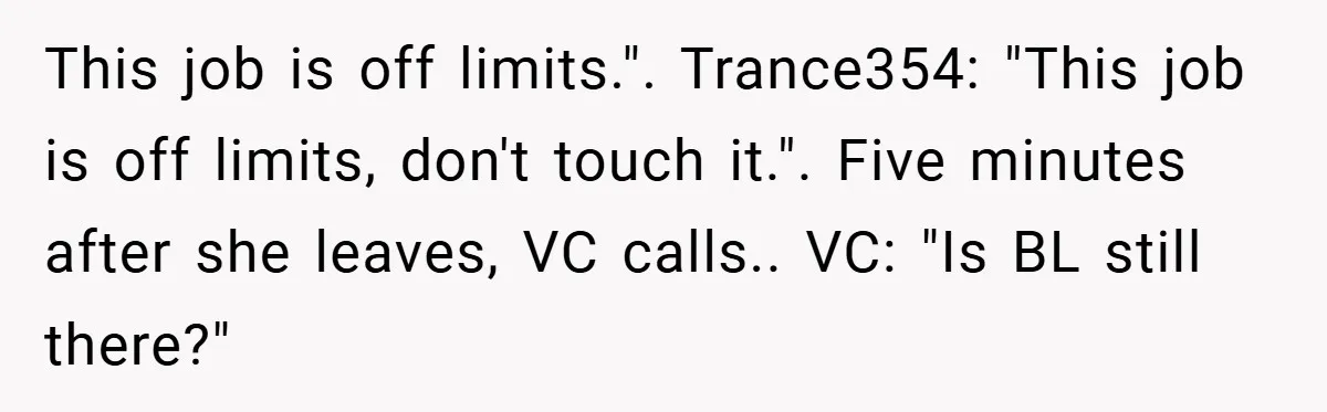 Boss Told Him “Don’t Come In Tomorrow, You’re Suspended” - Then Lost Her Job a Week Later This job is off limits.". Trance354: "This job is off limits, don't touch it.". Five minutes after she leaves, VC calls.. VC: "Is BL still there?"