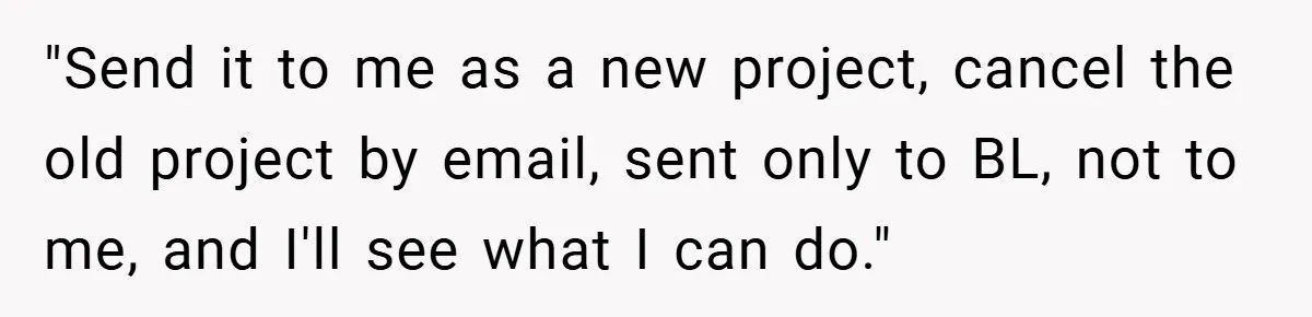 Boss Told Him “Don’t Come In Tomorrow, You’re Suspended” - Then Lost Her Job a Week Later "Send it to me as a new project, cancel the old project by email, sent only to BL, not to me, and I'll see what I can do."