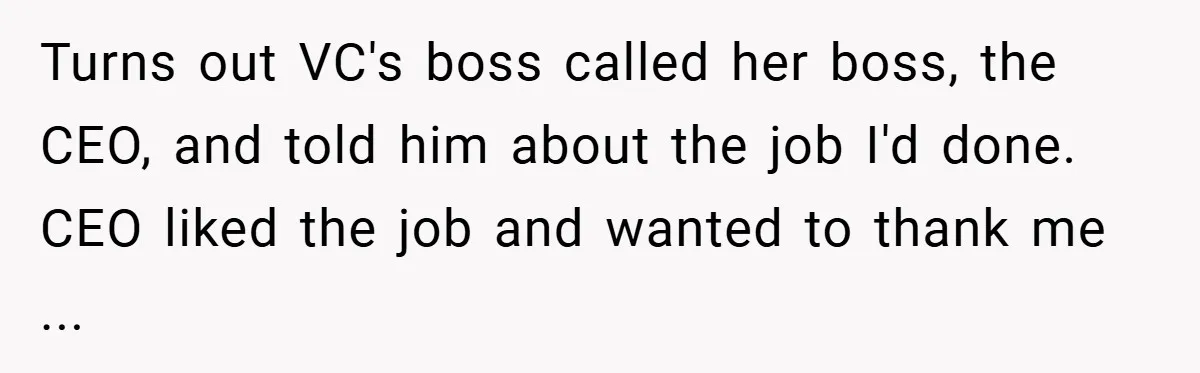Boss Told Him “Don’t Come In Tomorrow, You’re Suspended” - Then Lost Her Job a Week Later Turns out VC's boss called her boss, the CEO, and told him about the job I'd done. CEO liked the job and wanted to thank me ...