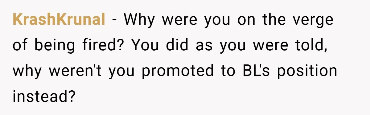 Boss Told Him “Don’t Come In Tomorrow, You’re Suspended” - Then Lost Her Job a Week Later KrashKrunal − Why were you on the verge of being fired? You did as you were told, why weren't you promoted to BL's position instead?