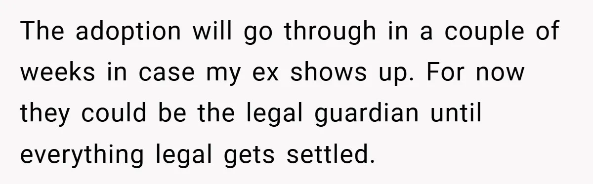 The adoption will go through in a couple of weeks in case my ex shows up. For now they could be the legal guardian until everything legal gets settled.