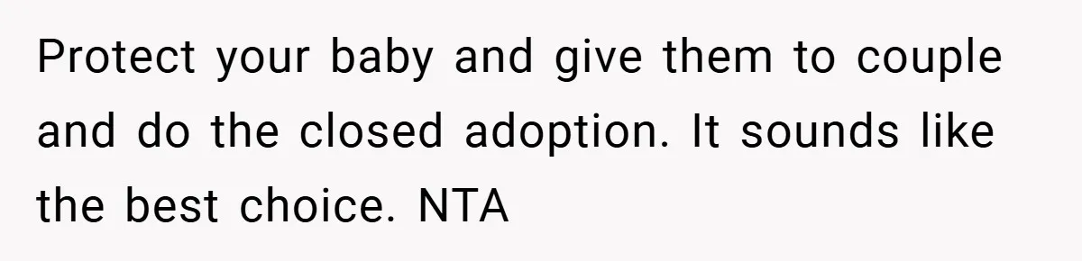 Protect your baby and give them to couple and do the closed adoption. It sounds like the best choice. NTA