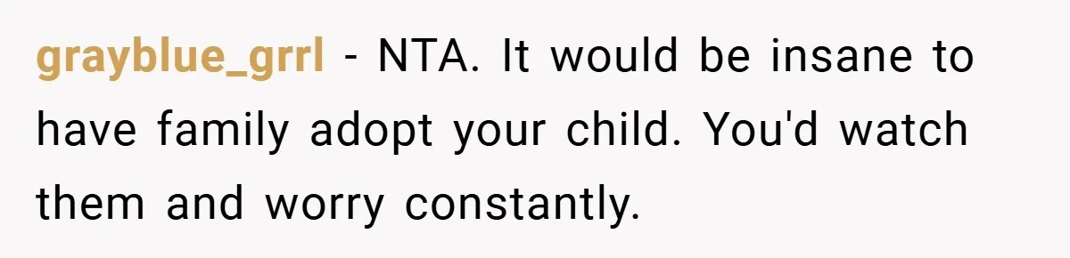 grayblue_grrl − NTA. It would be insane to have family adopt your child. You'd watch them and worry constantly.