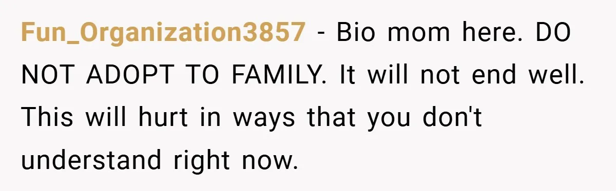 Fun_Organization3857 − Bio mom here. DO NOT ADOPT TO FAMILY. It will not end well. This will hurt in ways that you don't understand right now.