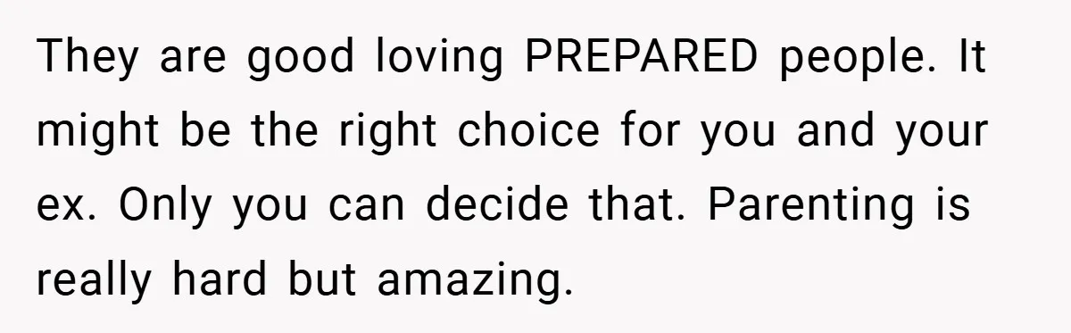 They are good loving PREPARED people. It might be the right choice for you and your ex. Only you can decide that. Parenting is really hard but amazing.