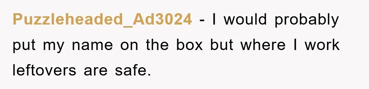 Man Posts Nameless Lunch Theft Reminder In Company Chat, Coworker Shows Herself And Throws Fuss Anyway Puzzleheaded_Ad3024 − I would probably put my name on the box but where I work leftovers are safe.