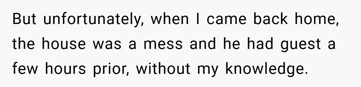 But unfortunately, when I came back home, the house was a mess and he had guest a few hours prior, without my knowledge.