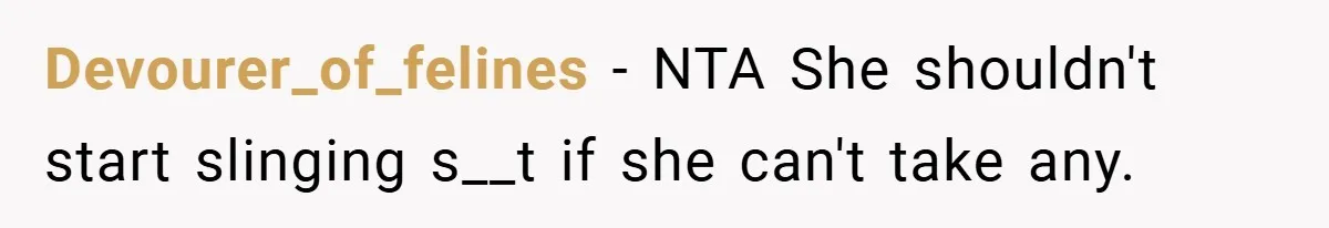 Devourer_of_felines − NTA She shouldn't start slinging s__t if she can't take any.