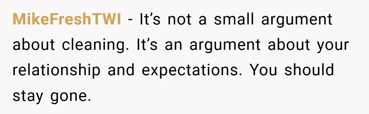 MikeFreshTWI − It’s not a small argument about cleaning. It’s an argument about your relationship and expectations. You should stay gone.