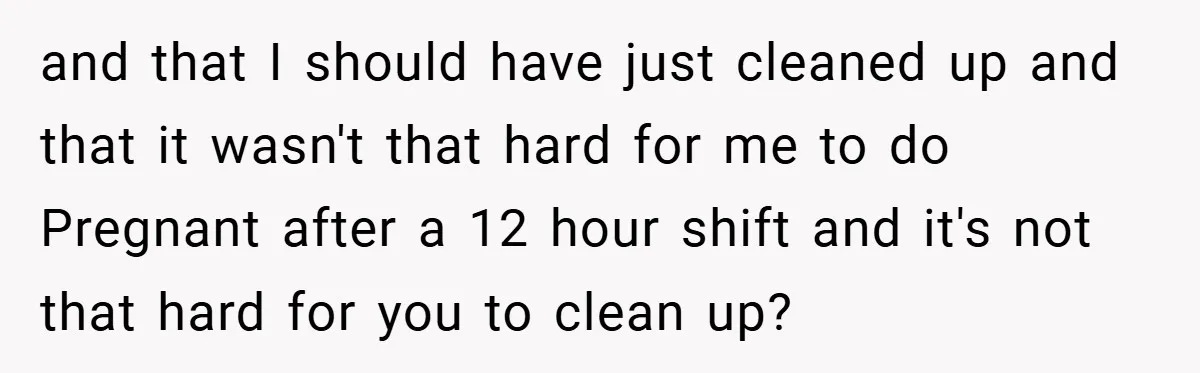 and that I should have just cleaned up and that it wasn't that hard for me to do Pregnant after a 12 hour shift and it's not that hard for...
