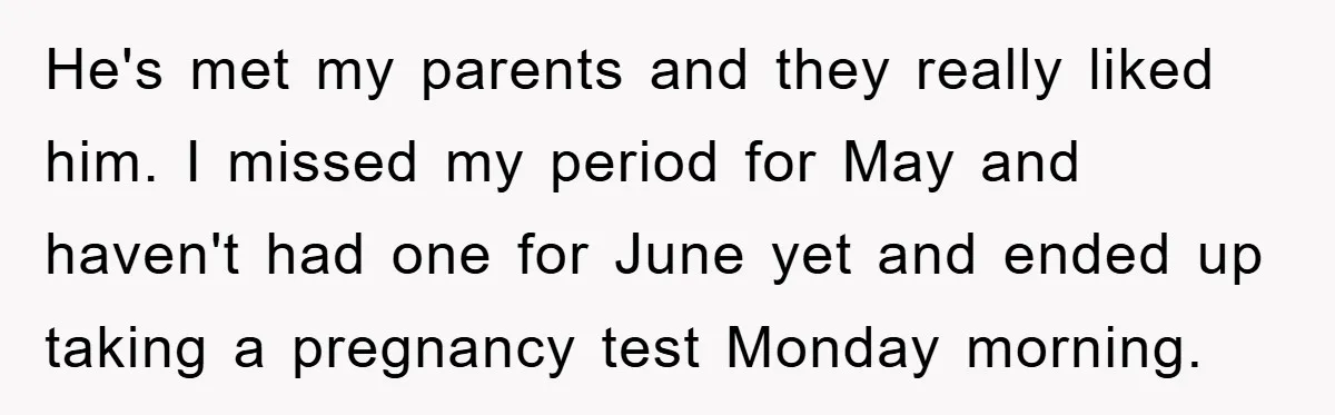He's met my parents and they really liked him. I missed my period for May and haven't had one for June yet and ended up taking a pregnancy test Monday...