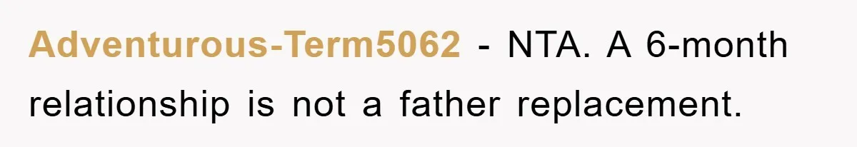 Adventurous-Term5062 − NTA. A 6-month relationship is not a father replacement.