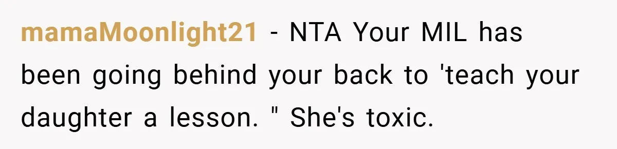 mamaMoonlight21 − NTA Your MIL has been going behind your back to 'teach your daughter a lesson. " She's toxic.