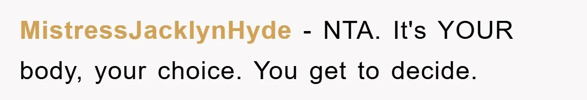 MistressJacklynHyde − NTA. It's YOUR body, your choice. You get to decide.