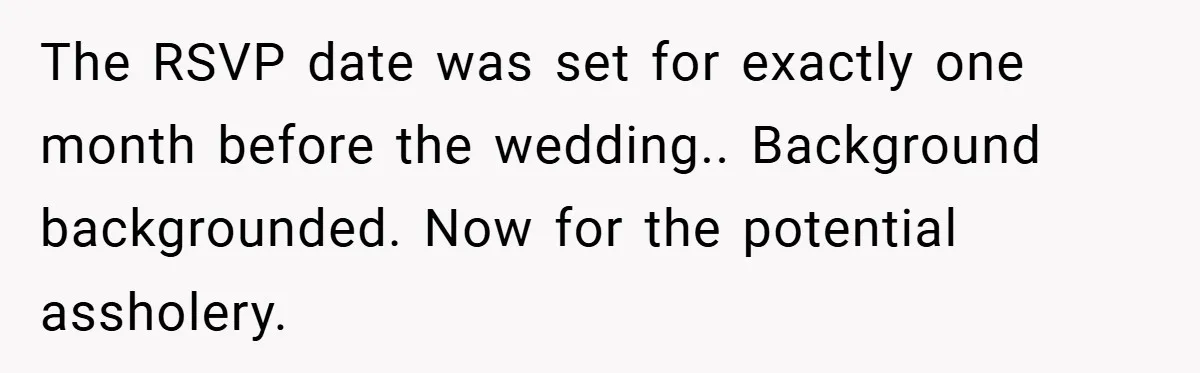 The RSVP date was set for exactly one month before the wedding.. Background backgrounded. Now for the potential assholery.