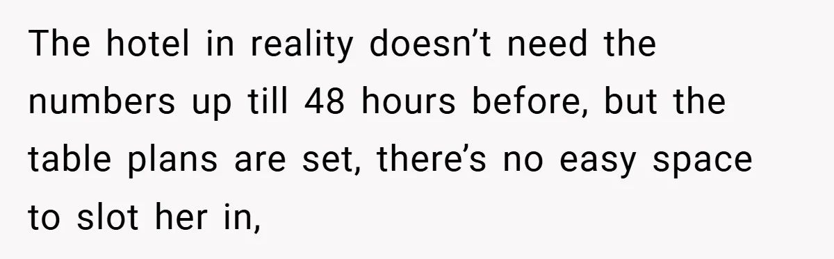 The hotel in reality doesn’t need the numbers up till 48 hours before, but the table plans are set, there’s no easy space to slot her in,