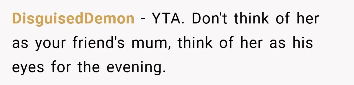 DisguisedDemon − YTA. Don't think of her as your friend's mum, think of her as his eyes for the evening.